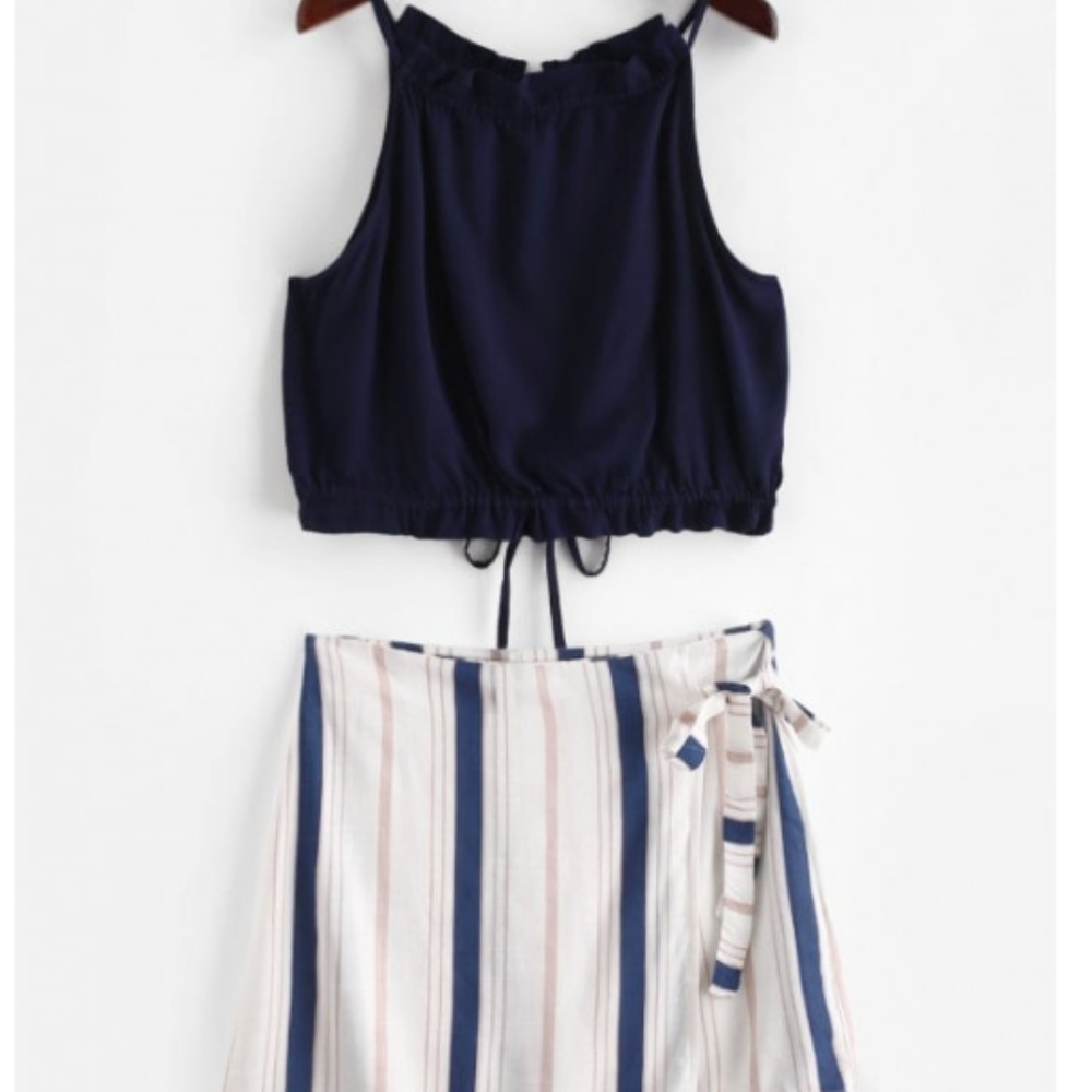 Contrast Stripes Top And Skirt Set. Two Piece